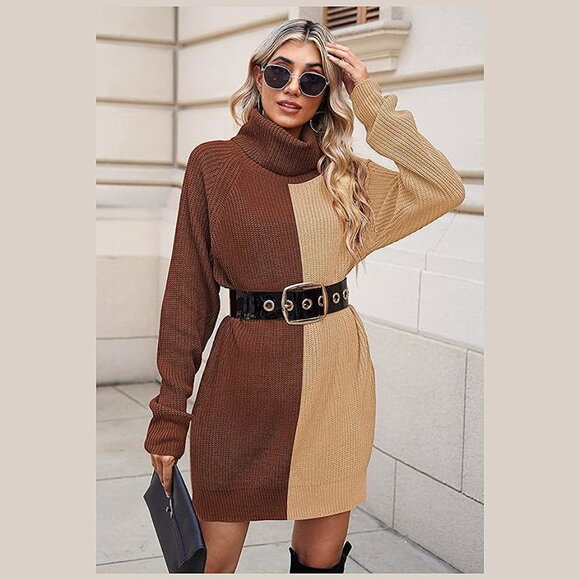 Women's Loose Turtleneck Oversize Long Pullover Sweater Y - Coffee and Khaki - Picture 5 of 8